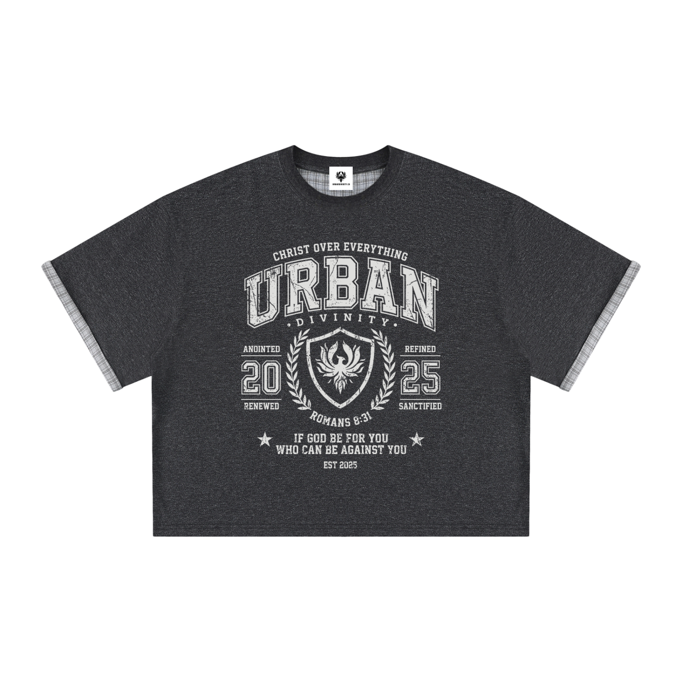 UrbanDivinity Plaid-Lined Varsity Boxy Tee