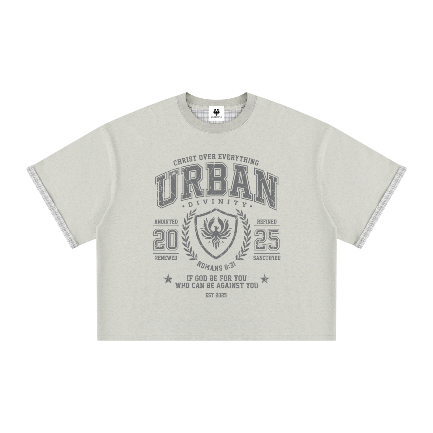UrbanDivinity Plaid-Lined Varsity Boxy Tee
